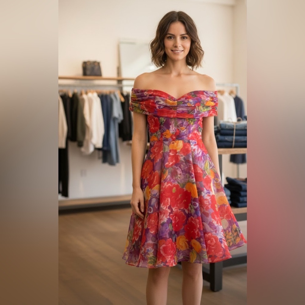 Night Way Collections Strapless Floral Dress - Red and Purple